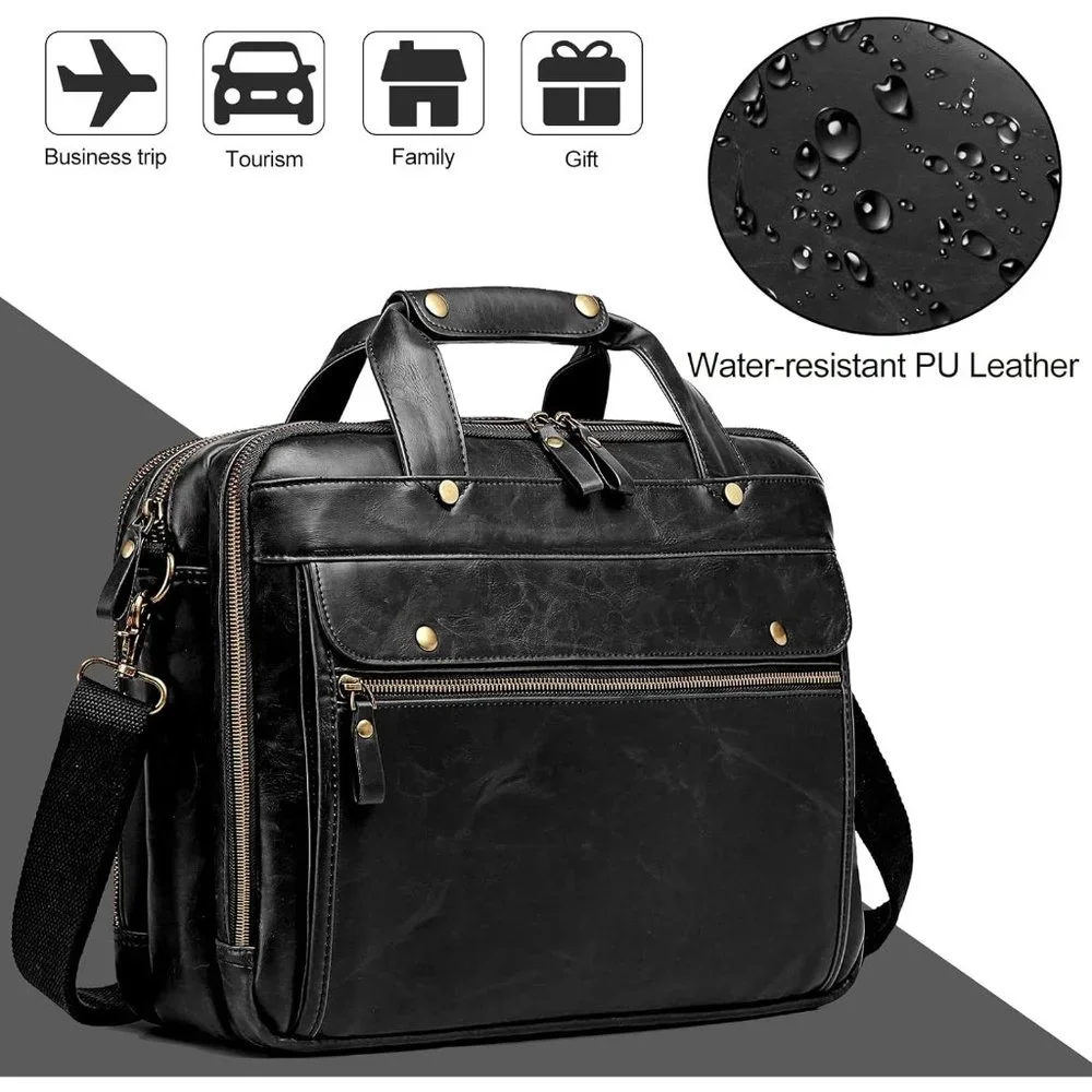 Men's Black Leather Waterproof laptop bag 15.6 Inch